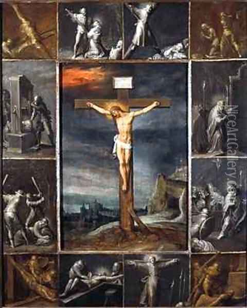 The Crucified Christ Enframed with Scenes of Martyrdom of the Apostles Oil Painting - Frans the younger Francken