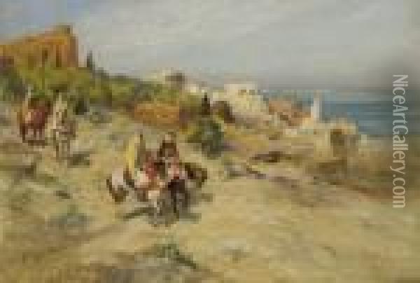 Horsemen On A Coastal Path, Algiers Oil Painting - Frederick Arthur Bridgman
