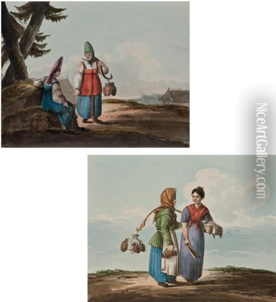 A Watercarrier And A Washerwoman Oil Painting - Carl Ivanovitch Kollmann