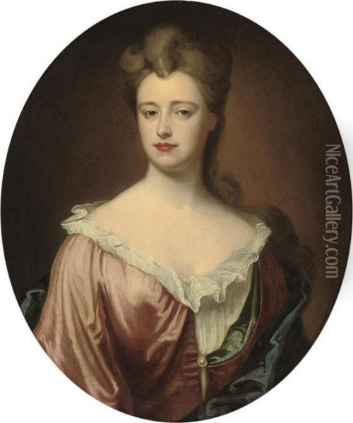 Portrait Of A Lady, Bust-length, In A Red Dress And Blue Wrap Oil Painting - Sir Godfrey Kneller