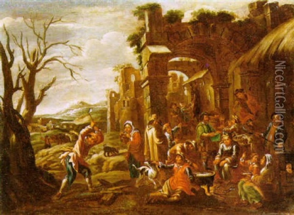 Scena Di Mercato In Un Villaggio Oil Painting - Giovanni Michele Graneri
