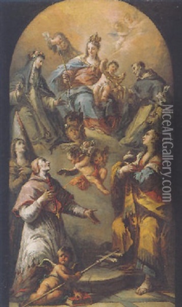 The Madonna And Child Flanked By Saints Dominic And Catherine Of Siena, Appearing To Saint Carlo Borromeo With The Magdalene And Saint Ursula(?) Oil Painting - Gaspare Diziani