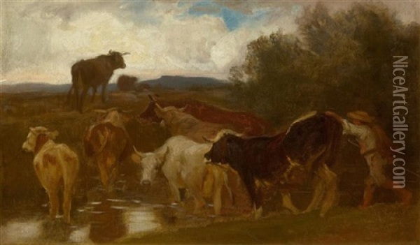 Herd Of Cows In A Ford Oil Painting - Johann Rudolf Koller