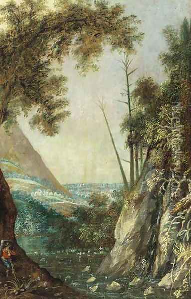 A rocky landscape with a traveller by a waterfall Oil Painting - Paul Bril