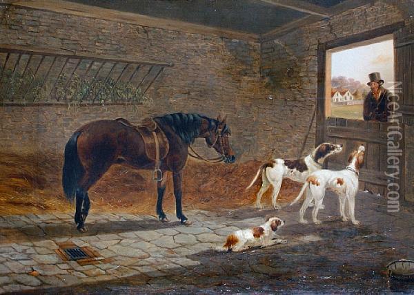 A Horse And Three Dogs In A Stable Interior Oil Painting - B. Dayrell