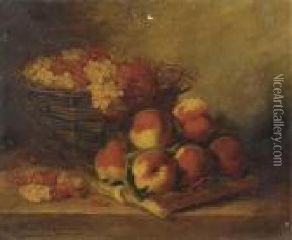 Peaches And Currents In A Basket On A Table Oil Painting - Alphonse de Neuville