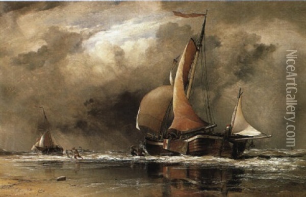 On Shore For A Tide On Dutch Coast Oil Painting - Edward William Cooke