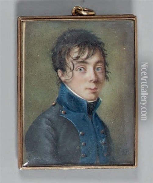 Portrait D'un Jeune Officier En Habit Bleu Fonce Oil Painting - Jean Pierre Feulard