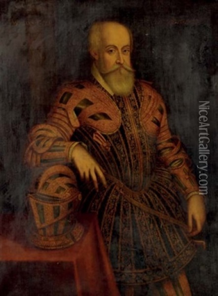 Portrait Of A Gentleman Said To Be William Cecil, Lord Burleigh In Armor, His Helmet On A Table Beside Oil Painting - Federico Zuccaro