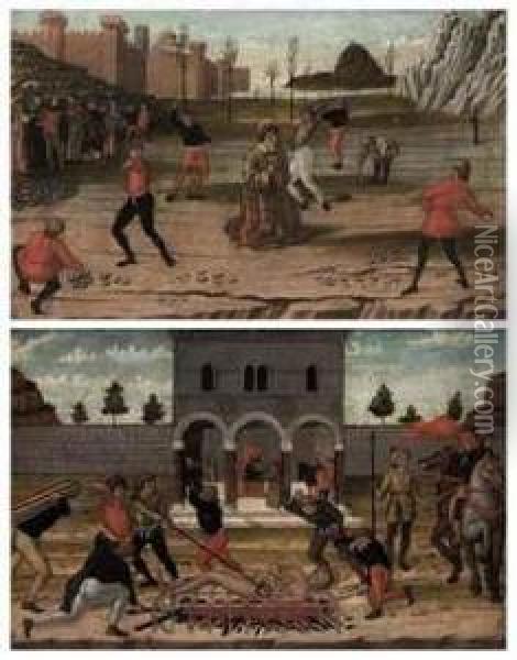 The Stoning Of Saint Stephen; And The Martyrdom Of Saint Lawrence -panels From A Predella Oil Painting - Domenico Morone
