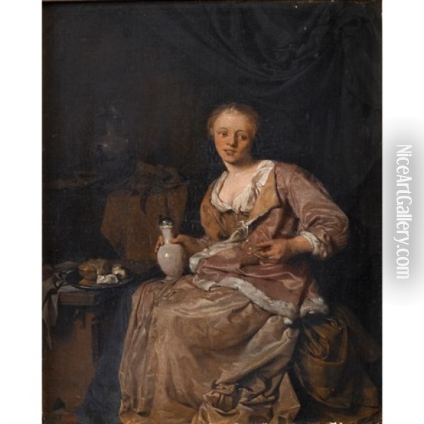 Jeune Femme Dans Un Interieur Tenant Un Verre Oil Painting - Cornelis Pietersz Bega