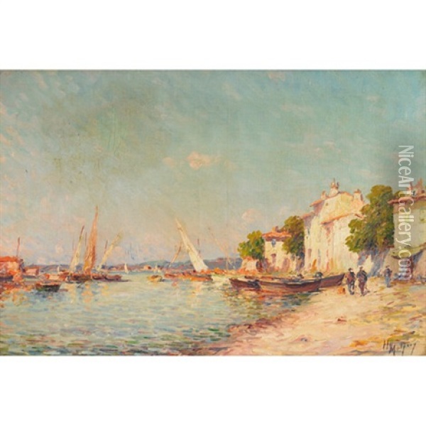 Boats On Mediterranean Shore (les Martigues?); Fish Market At The Pier (pair) Oil Painting - Henri Malfroy-Savigny