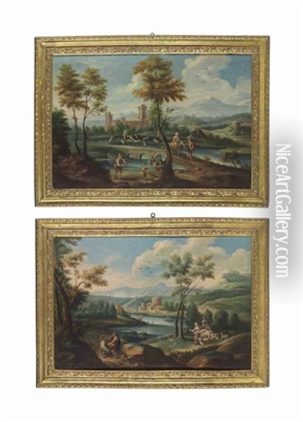 A Wooded River Landscape With Travellers On A Path, A Fortified Town Beyond; And A Wooded River Landscape With Fishermen And Sheep Watering By A Bridge, A Fortified Town Beyond (pair) Oil Painting - Giuseppe Zais