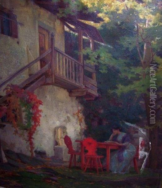 Reading At A Red Garden Table Oil Painting - Wilhelm Menzler Casel