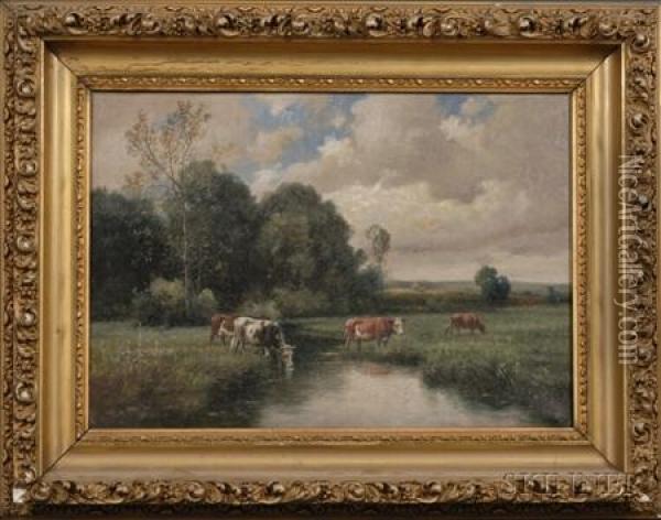 Cattle By A Quiet Brook. Oil Painting - Clinton Loveridge