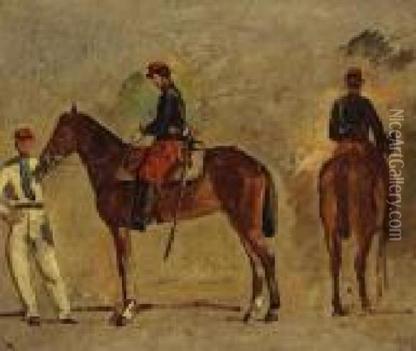 A Sketch Of Two Views Of An Officer On Hishorse Oil Painting - Alphonse Marie de Neuville