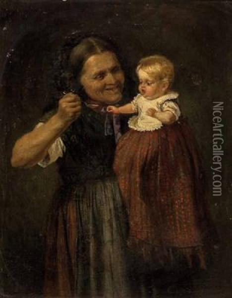 Grosmutter Futtert Das Enkelkind Oil Painting - Adolf Dressler