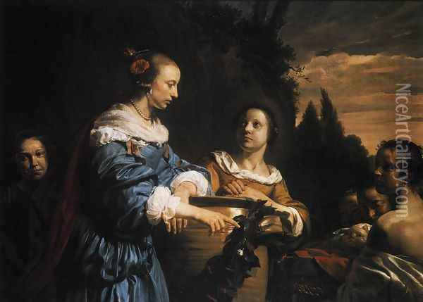 Pharaoh's Daughter with Her Attendants and Moses in the Reed Basket 1661 Oil Painting - Jan De Bray