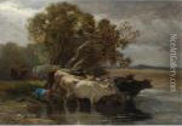 Drover Watering Cattle Near A Pond Oil Painting - Charles Emile Jacque
