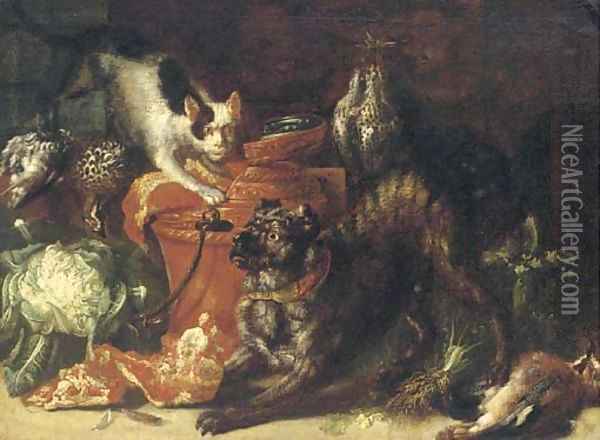 A dog and a cat in a kitchen interior with game and vegetables Oil Painting - Felice Boselli