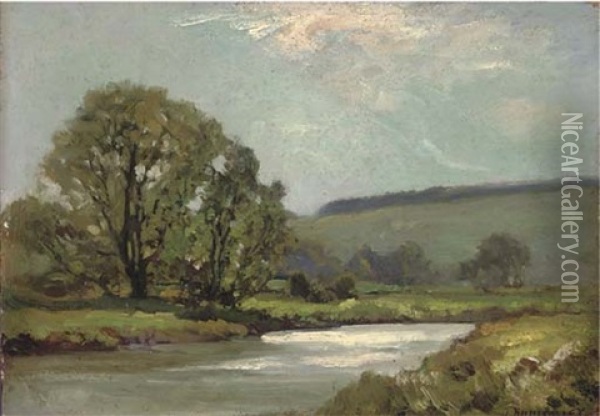 A River Landscape, Afternoon Oil Painting - James Aumonier