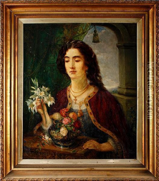 Lady Arranging Flowers In An Elegant Interior Oil Painting - Edwin Frederick Holt
