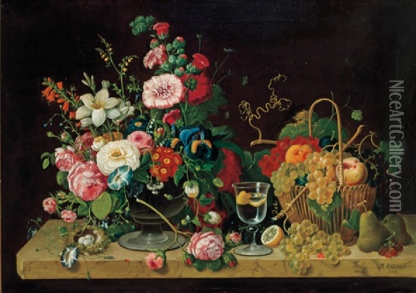 Flowers And Fruit On A Marbletop Oil Painting - Severin Roesen