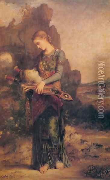 Thracian Girl carrying the Head of Orpheus on his Lyre Oil Painting - Gustave Moreau