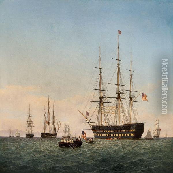 Seascape With An American Ship Of The Line Oil Painting - C.W. Eckersberg