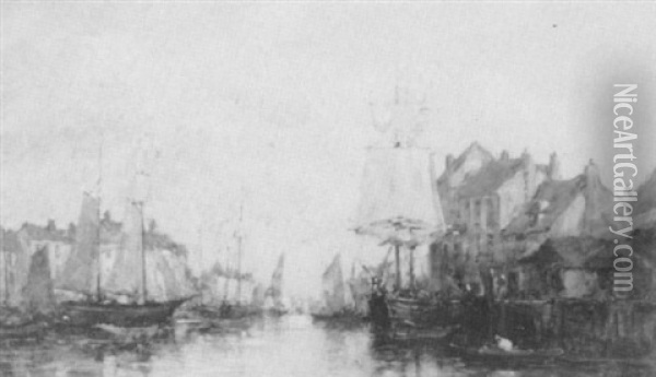 Boats In A Harbour Oil Painting - Jacob Henricus Maris