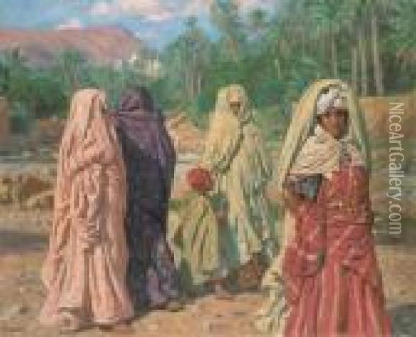 Femmes Traversant Le Lit Asseche De L'oued Bou Saada Oil Painting - Alphonse Etienne Dinet