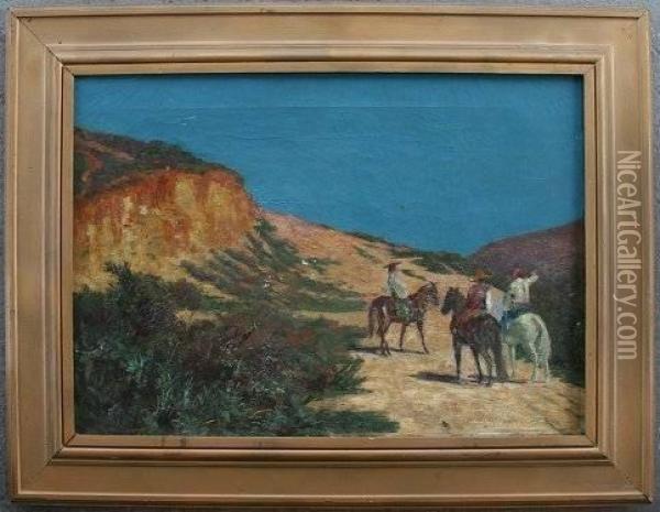 New Mexican Landscape Withriders Oil Painting - Barrett