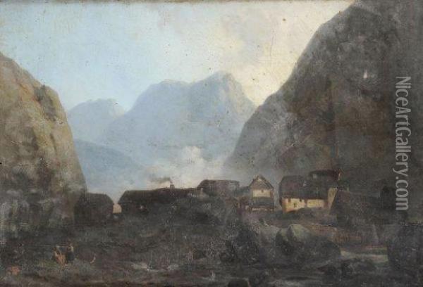 Village Alpin Oil Painting - Julius Hintz