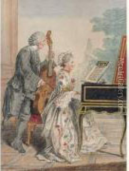 Mademoiselle Pitoin A Son Piano, Monsieur Son Pere L'accompagnant A La Basse Oil Painting - Louis Carrogis Carmontelle