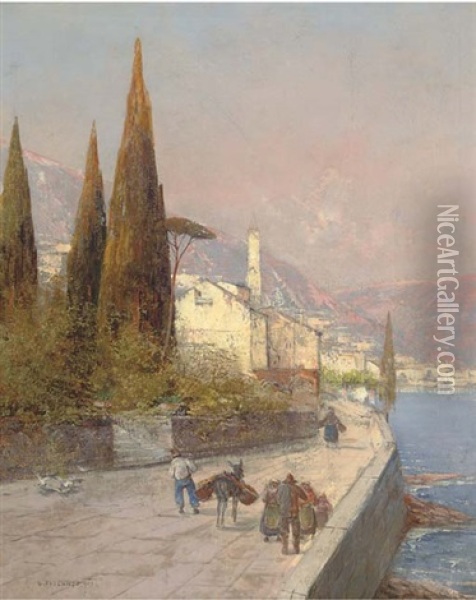 The Road To Market, An Italian Town Oil Painting - Georg Fischhof