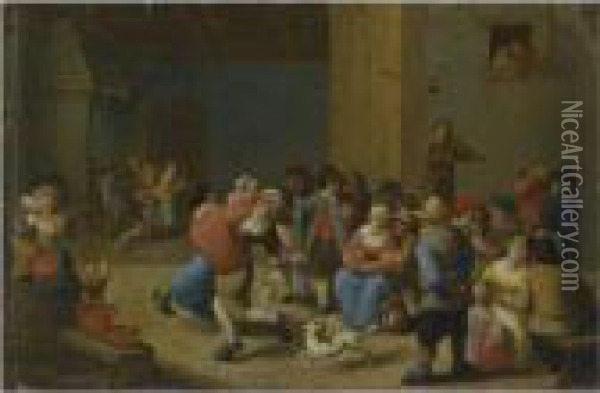 A Tavern Interior With Drinking And Dancing Peasants Oil Painting - Matheus van Helmont