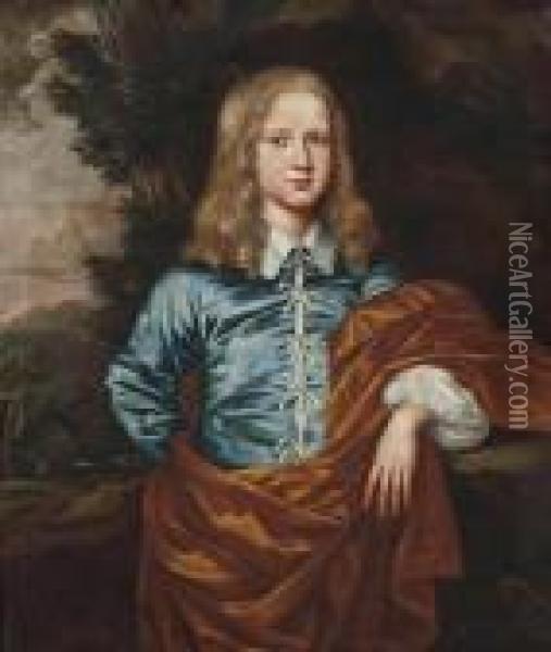 Portrait Of A Boy, Traditionally Identified As Lord David Hay (1656-1726) Of Belton House, Nr. Dunbar, Scotland, Three-quarter-length, In A Blue Coat And A Rust Shawl, Standing In A Wooded Landscape Oil Painting - David Scougall