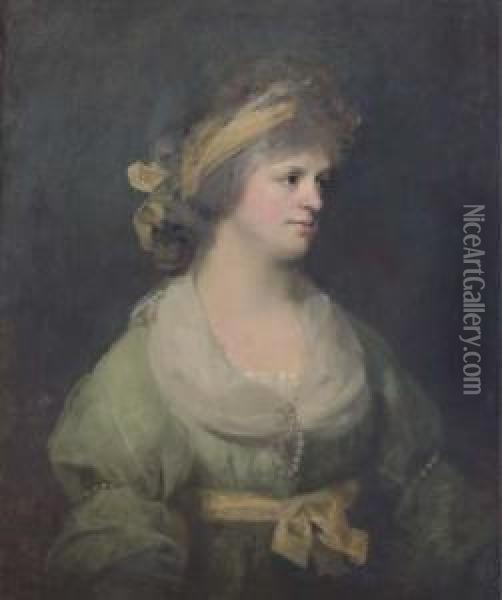 Portrait Of Elizabeth Havers, Half Length, In A Green Dress Andyellow Sash Oil Painting - Thomas Beach