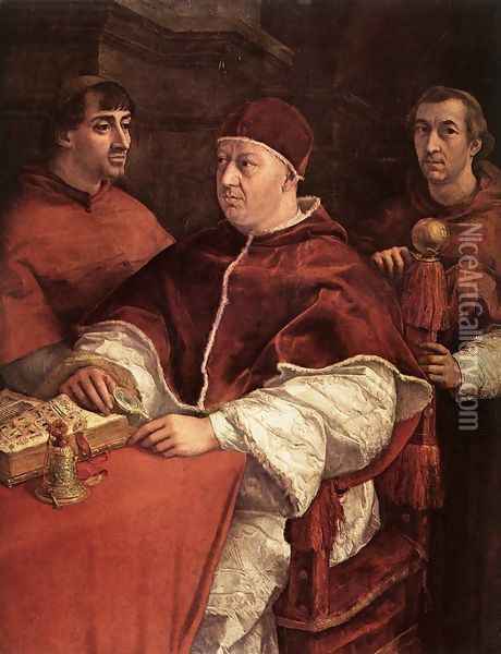 Pope Leo X with Cardinals Giulio de' Medici and Luigi de' Rossi [detail: 1] Oil Painting - Raphael