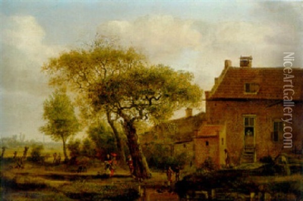 Farmhouse With Gentry By A Tree And Children Playing By A Pool, Church Tower Beyond Oil Painting - Jan Van Der Heyden