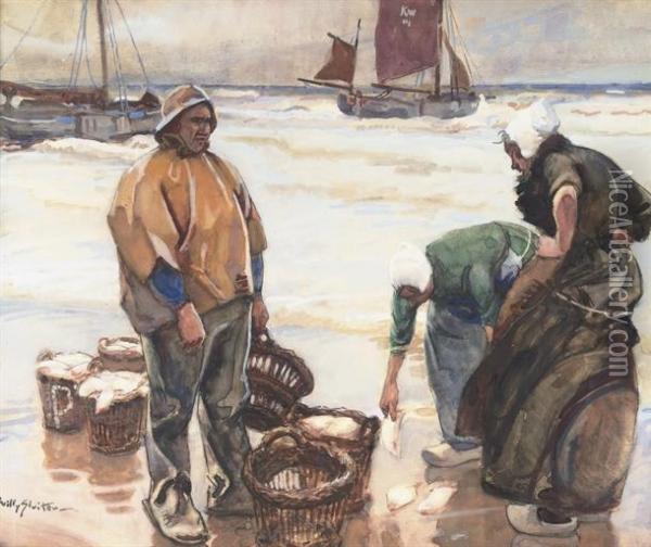 Fisher Folk With The Catch Of The Day, Katwijk Oil Painting - Willy Sluyters