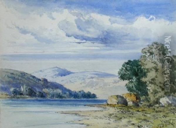 Scottish Landscape With A Loch And A Ruined Castle Oil Painting - John Callow
