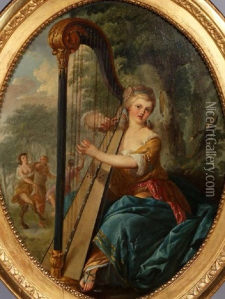 Une Jeune Femme A La Harpe Devant Une Bacchanale Dans Un Jardin Oil Painting - Jean Baptiste Huet
