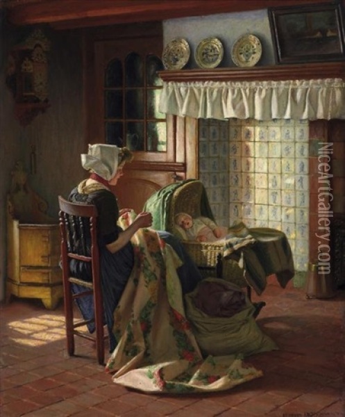 Hollandisches Interieur. Junge Mutter Beim Sticken, Im Korb Ihr Schlafendes Kind Oil Painting - Hermann Knopf