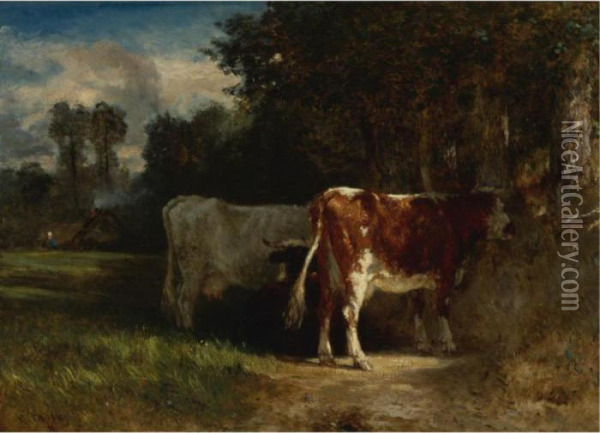 Cows In A Landscape Oil Painting - Constant Troyon