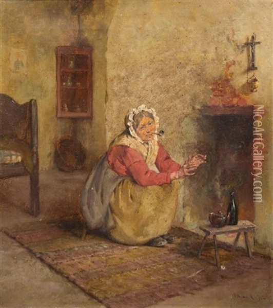 Warming Fire, 1875 Oil Painting - Howard Helmick