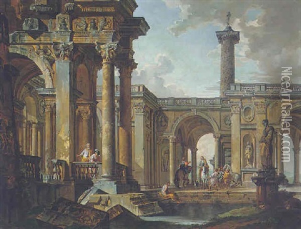 An Architectural Capriccio If Classical Ruins With Horsemen Beneath A Loggia, Trajan's Column Beyond Oil Painting - Giovanni Paolo Panini