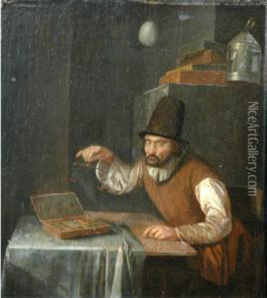 A Man Weighing Gold Oil Painting - Egbert Jaspersz. van, the Elder Heemskerck