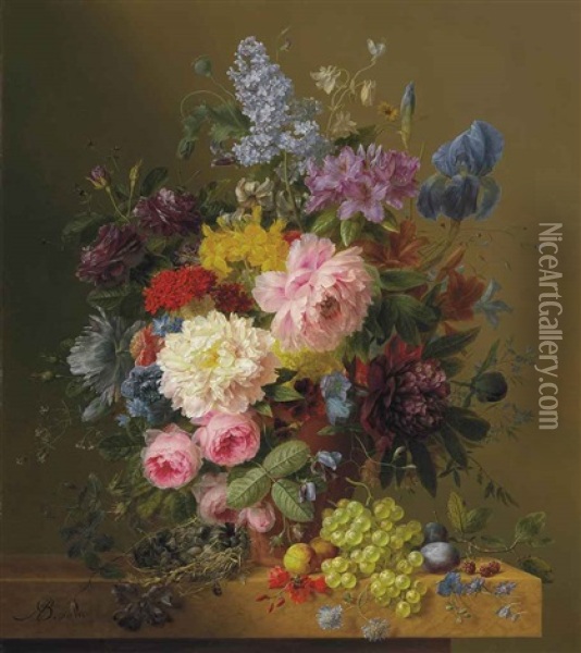 Lilacs, Peonies, Tulips, Roses, Irises And Other Flowers With Fruit And A Bird's Nest On A Marble Ledge Oil Painting - Arnoldus Bloemers
