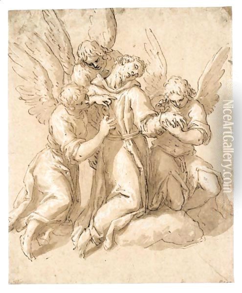 St. Francis Tended By Three Angels Oil Painting - Palma Vecchio (Jacopo Negretti)